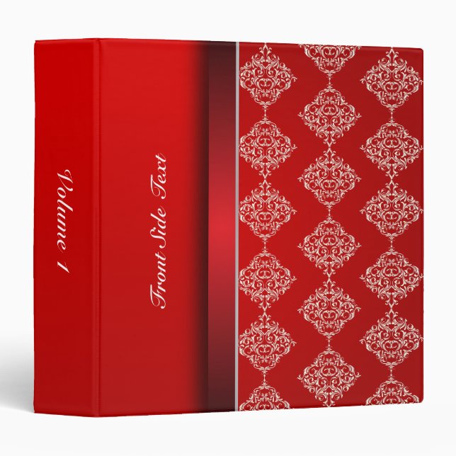 Bright Bold Red & Satin White Damask | Personalize 3 Ring Binder (Front/Spine)