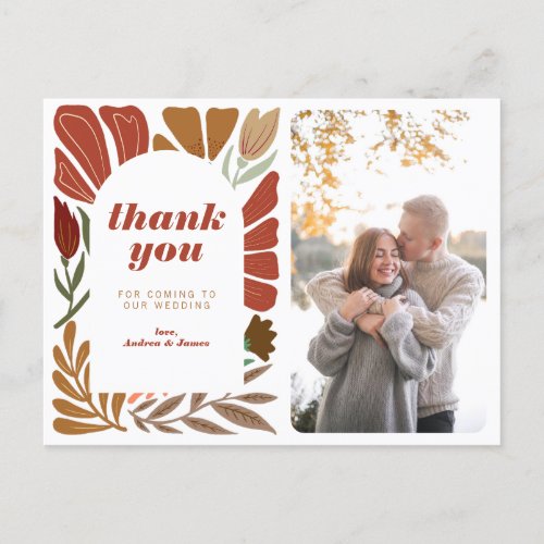 Bright Bold Terracotta Floral Thank You Wedding Announcement Postcard