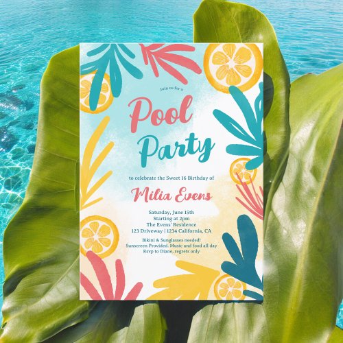 Bright bold Tropical beach pool party Sweet 16 Invitation