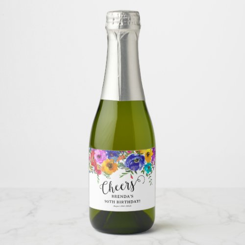 Bright  Bold Watercolor Floral Birthday Cheers Sparkling Wine Label
