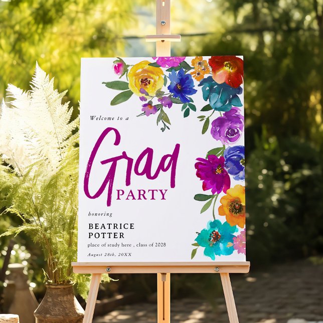 Bright & Bold Watercolor Floral Graduation Party  Foam Board (Creator Uploaded)