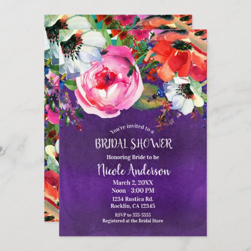 Bright Bold Watercolor Floral Purple Bridal Shower Invitation