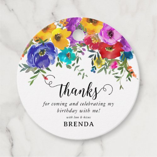 Bright  Bold Watercolor Floral Thank You Birthday Favor Tags