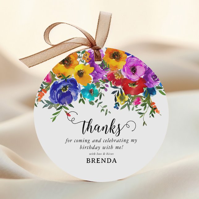Bright & Bold Watercolor Floral Thank You Birthday Favor Tags (Creator Uploaded)