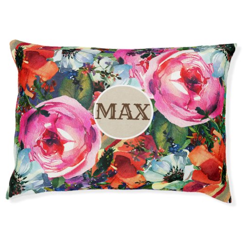 Bright Bold Watercolor Floral Vintage Chic Flowers Pet Bed