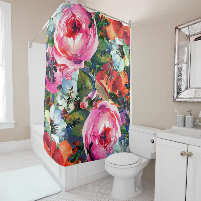 Bright Bold Watercolor Floral Vintage Chic Flowers Shower Curtain Zazzle