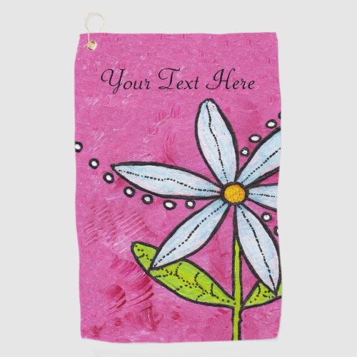 Bright Bold White Daisy Green Leaves on Stem Pink Golf Towel