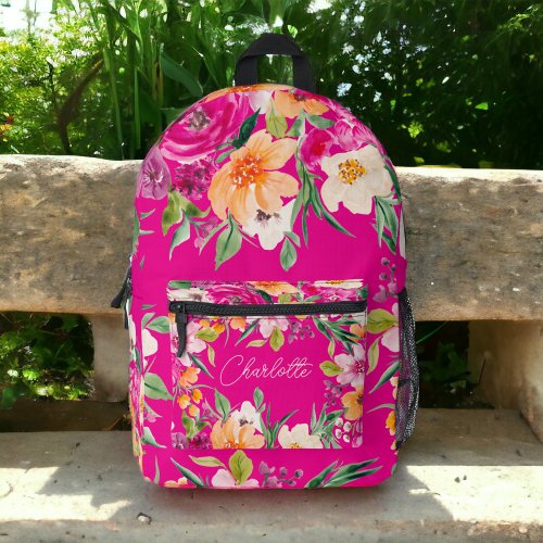 Bright bold wild flowers neon pink name printed backpack