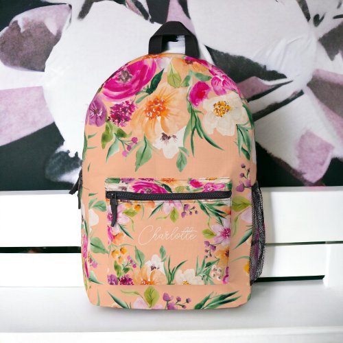 Bright bold wild flowers neon pink peach name printed backpack