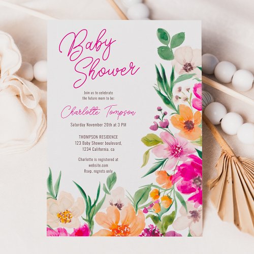 Bright bold wild flowers script baby shower invitation