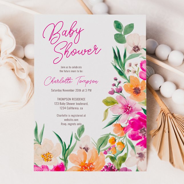 Bright bold wild flowers script baby shower invitation (Bright bold wild flowers script baby shower invitation)