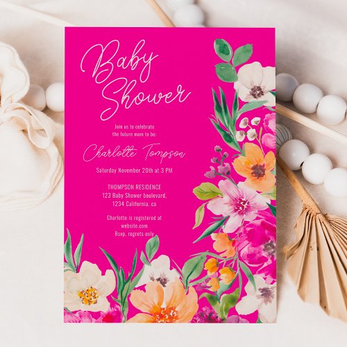 Bright bold wild flowers script baby shower invitation