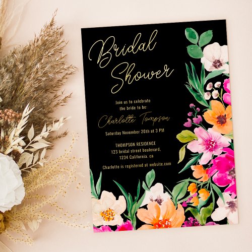 Bright bold wild flowers script bridal shower foil invitation