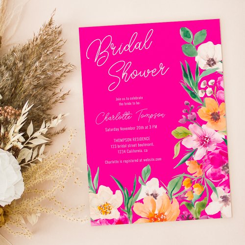 Bright bold wild flowers script bridal shower invitation