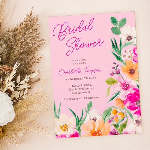 Bright bold wild flowers script bridal shower invitation