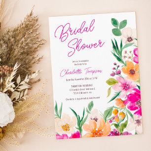 Bright bold wild flowers script bridal shower invitation