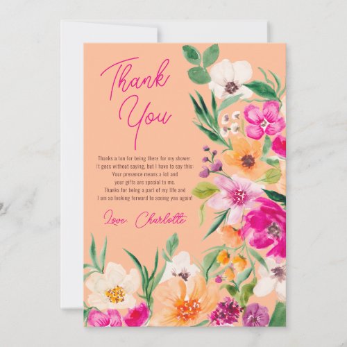 Bright bold wild flowers script bridal shower thank you card