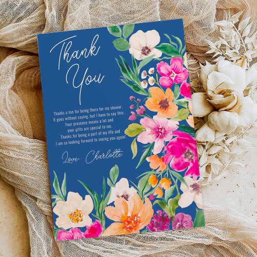 Bright bold wild flowers script bridal shower thank you card