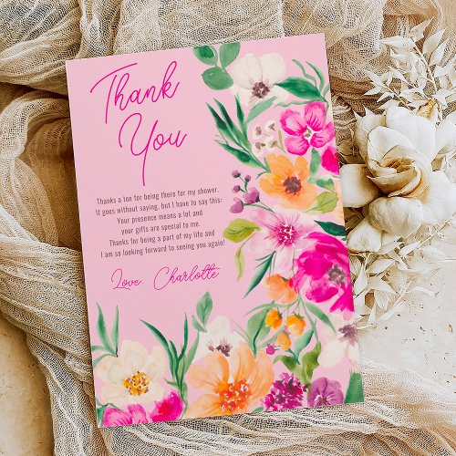 Bright bold wild flowers script bridal shower thank you card