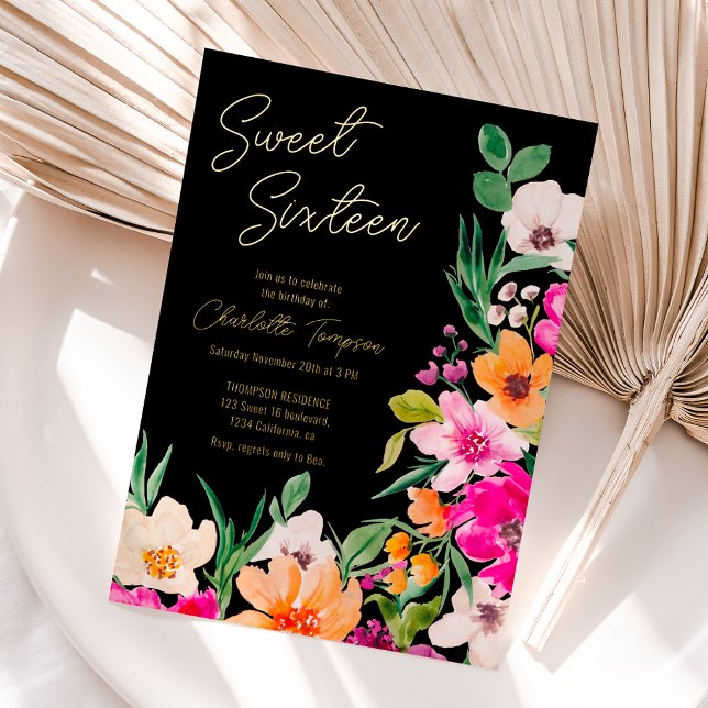 Bright bold wild flowers script Sweet 16 Foil Invitation (Bright bold wild flowers script Sweet 16 Foil Invitation)