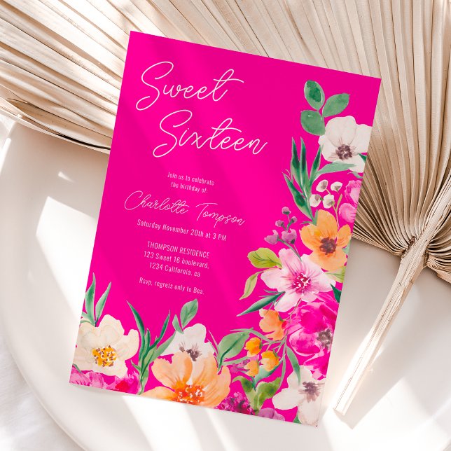 Bright bold wild flowers script Sweet 16 Invitation (Bright bold wild flowers script Sweet 16 Invitation)