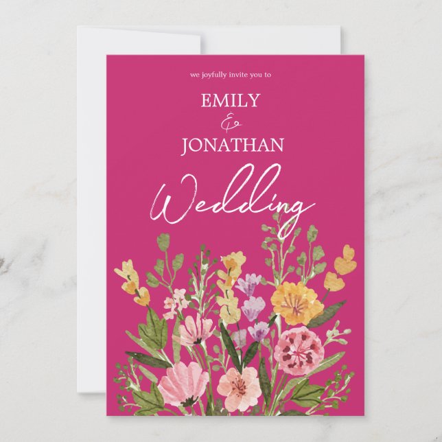 Bright bold wild flowers script wedding invitation (Front)