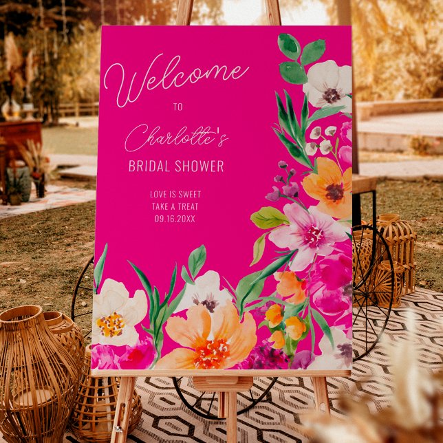 Bright bold wild flowers welcome bridal shower foam board (Bright bold wild flowers welcome bridal shower foam board on neon pink)