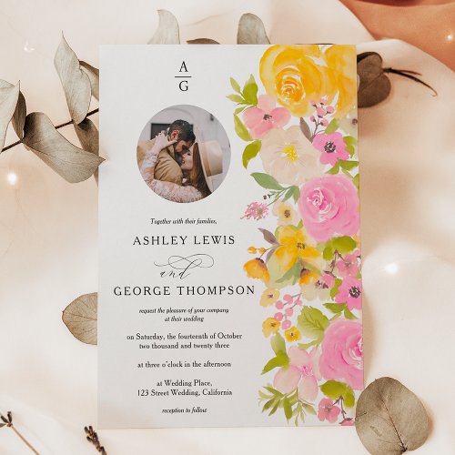Bright bold yellow floral initials photo wedding invitation