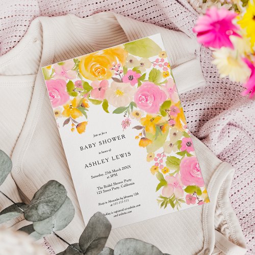 Bright bold yellow floral watercolor baby shower invitation