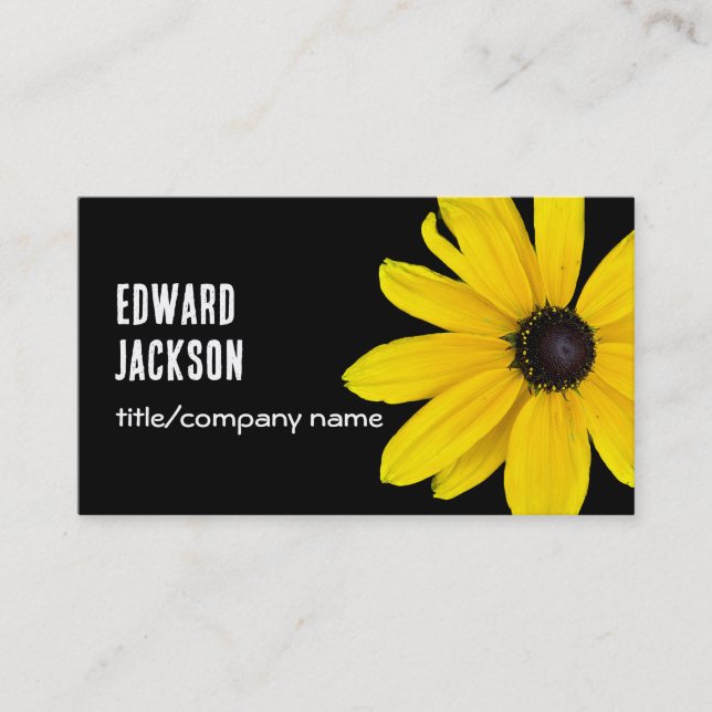 bright boold sunny  yellow flower photo on black business card (Front)