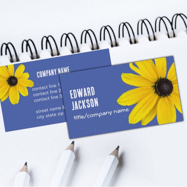 bright boold sunny  yellow flower photo on blue  business card (Creator Uploaded)