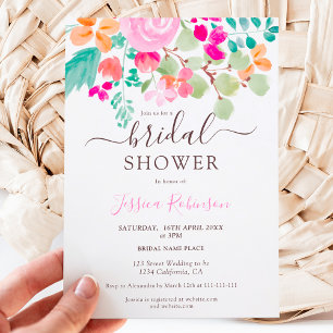 Bright botanical floral watercolor bridal shower invitation