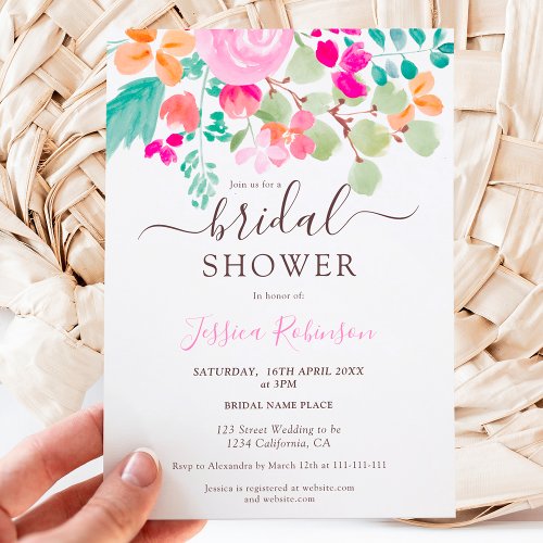 Bright botanical floral watercolor bridal shower invitation