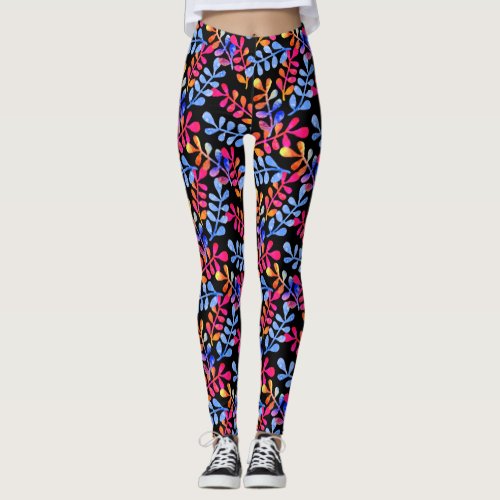 Bright Botanical Pink Blue Orange Colorful Summer Leggings