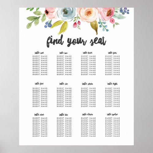 Bright botanical wedding table seating plan poster