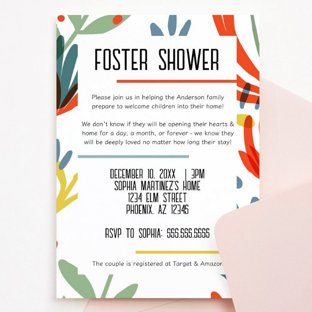 Bright Botanicals Foster Care Shower Invitation (bright and colorful botanical floral foster child shower invitation green, yellow, blue, red flowers)