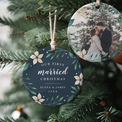 Bright Boughs  First Married Christmas Photo Ceramic Ornament