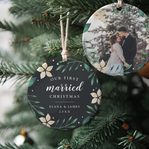 Bright Boughs  First Married Christmas Photo Ceramic Ornament