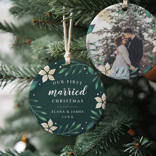 Bright Boughs  First Married Christmas Photo Ceramic Ornament