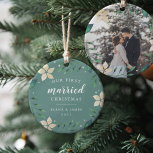 Bright Boughs First Married Christmas Photo Ceramic Ornament