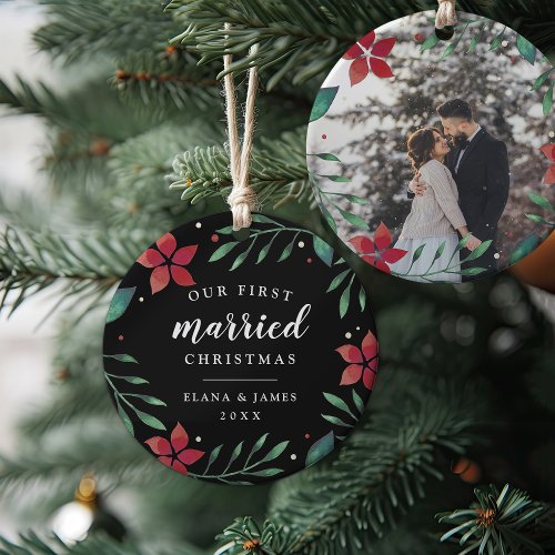 Bright Boughs  First Married Christmas Photo Ceramic Ornament