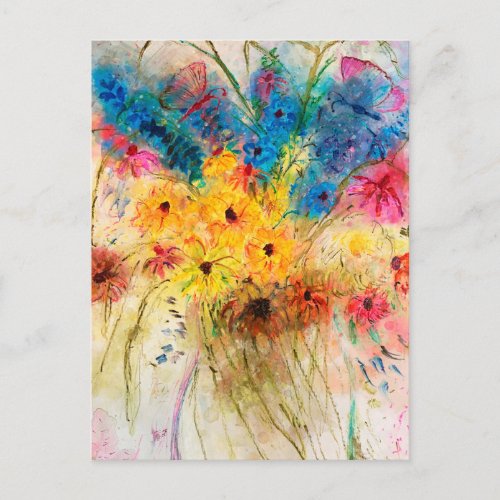 Bright bouquet with butterflies watercolor  postcard