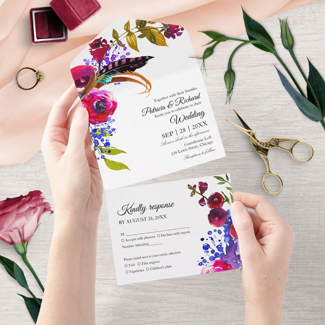 Bright Burgundy Floral Monogram Elegant Wedding All In One Invitation (Creator Uploaded)