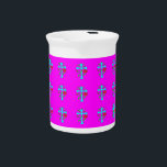 BRIGHT BUSY CROSS DESIGN WITH FLOWERS BEVERAGE PITCHER<br><div class="desc">PINK BACKGROUND BLUE CROSS RED FLOWERS</div>