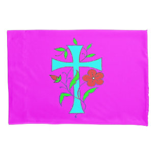 BRIGHT BUSY CROSS DESIGN WITH FLOWERS PILLOW CASE