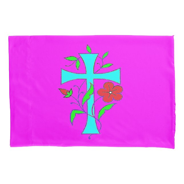 BRIGHT BUSY CROSS DESIGN WITH FLOWERS PILLOW CASE (Front)