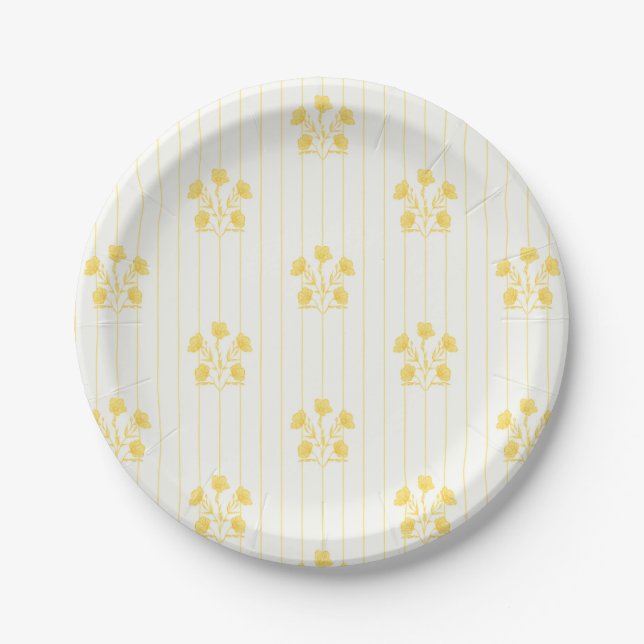 Bright Butter Yellow Flower Stripes Paper Plates (Front)