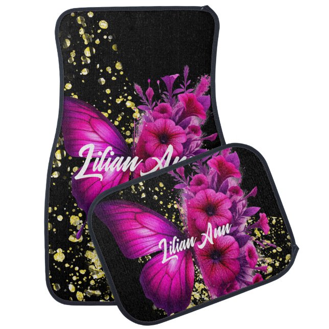 Bright Butterflies Floral Personalized Name Car Floor Mat (Set)