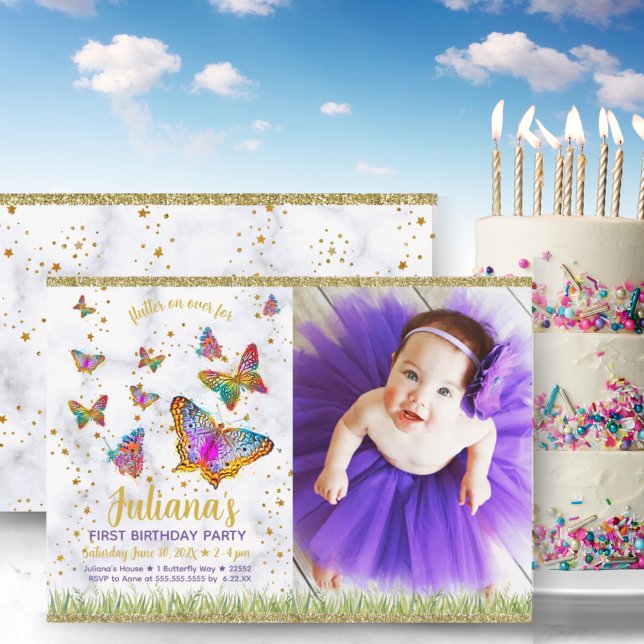 Bright Butterfly First Birthday Party Photo Invitation (Bright Butterfly First Birthday Party Photo Invitation)