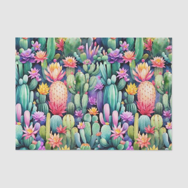 Bright Cactus Bloom Desert Botanical Pattern  Tissue Paper (Front)